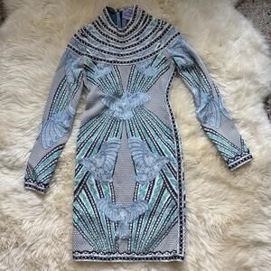 Herve Leger Dress Small Long Sleeve Blue Bird Print